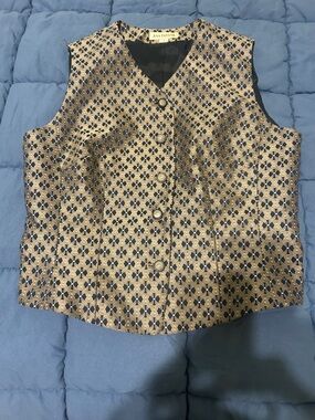 Ann Taylor Navy and Gold Floral Lattice Brocade Vest
